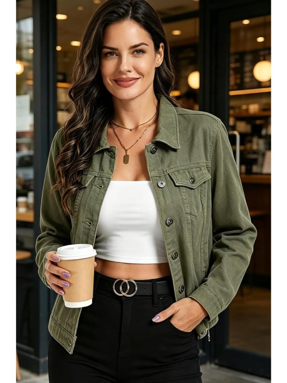 Women's Green Jean Basic Long Sleeve Button Down Denim Jackets Daily Wear - Picture 2 of 5